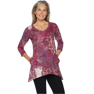 LOGO Lounge by Lori Goldstein French Terry lace Printed Top Asymmetric Hem large